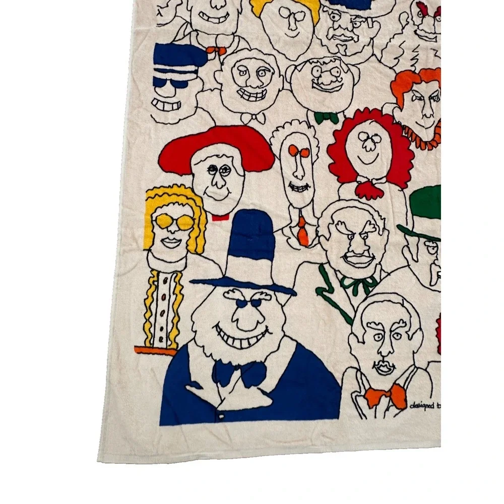 vintage Allen International Large Towel People Faces 60x35 Signed Artist NOS